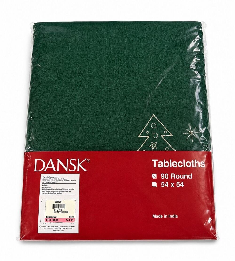 DANSK Green Christmas Tree 100% Cotton Round Tablecloth 90” NWT